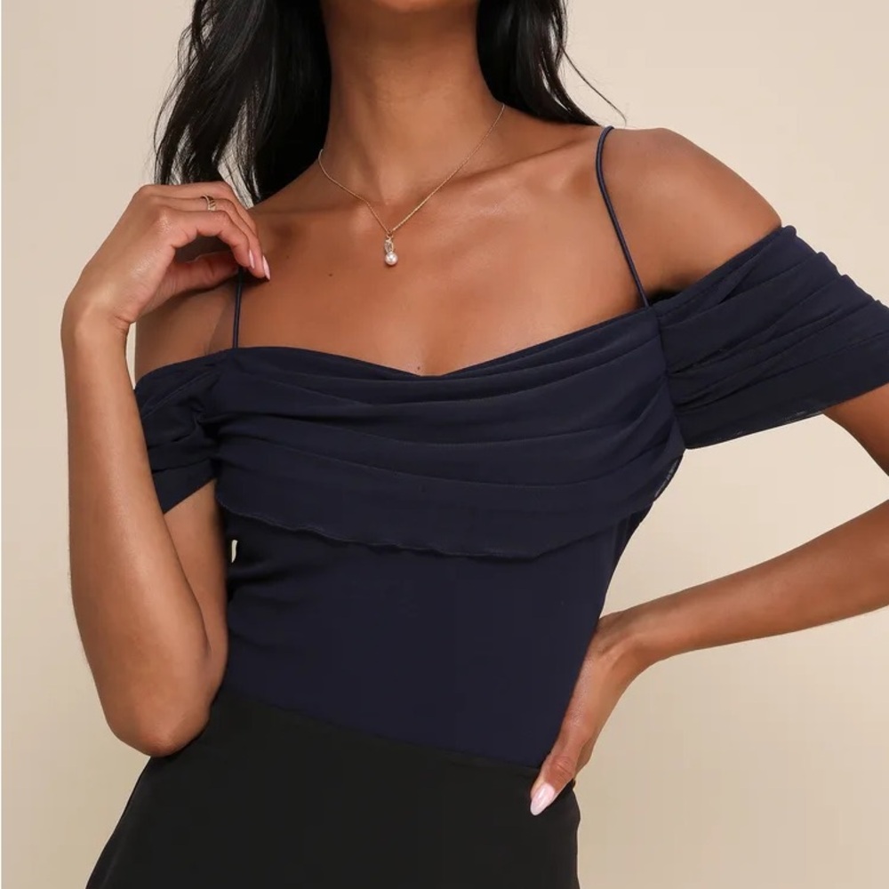 Lulu’s Navy Blue Mesh off-Shoulder Cowl Top NWOT